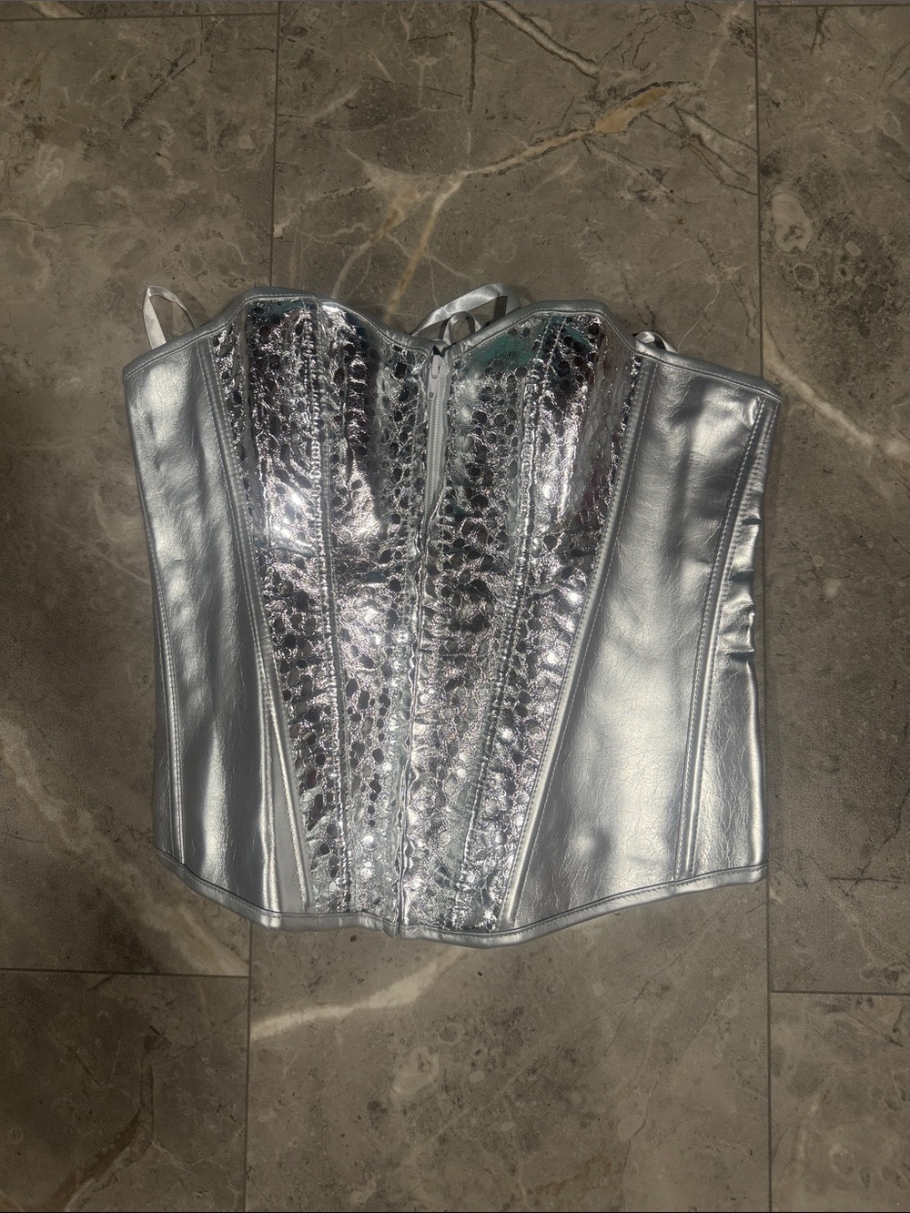 Silver Metallic Lace-Panel Corset Top